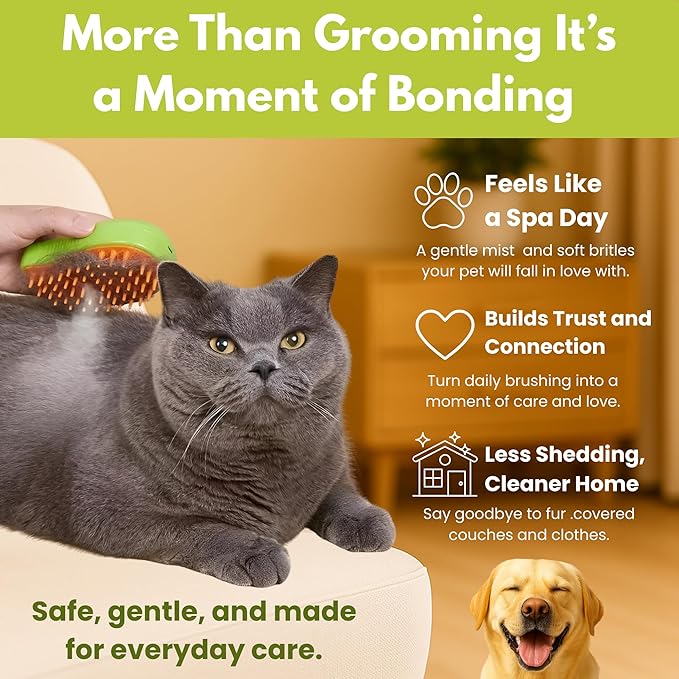 Cat Brush with Steam – Steam Cat Brushes for Indoor Cats | Pet Spray Hair Removal Comb & Relaxing Grooming Tool for Calmer, Happier Cats