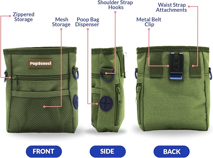 Dog Treat Pouch, Durable Oxford Polyester, No-Spill Magnetic Closure, Treat Pouches for Pet Training with Metal Clip, Waist Belt, Adjustable Strap, Poop Bag Dispenser (Army Green)