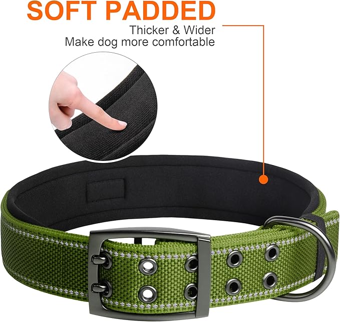 Fida Heavy DutyDog Collar for Large Dogs, Ultra Comfortable Soft Neoprene Padded, Adjustable Reflective Nylon Pet Collar with Durable Metal Belt Buckle for Extra Large Breeds(XL, Green)