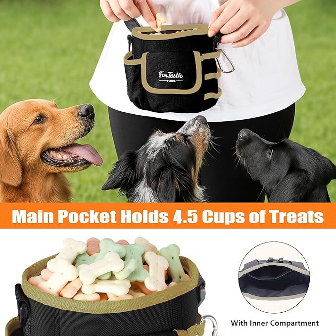 Dog Treat Pouch with Quick-Release Magnetic Closure, 3-Way Wear Treat Bags, 900D Waterproof Fabric, 4 Storage Spaces, Treat Pouch for Pet Training Walking (Black)