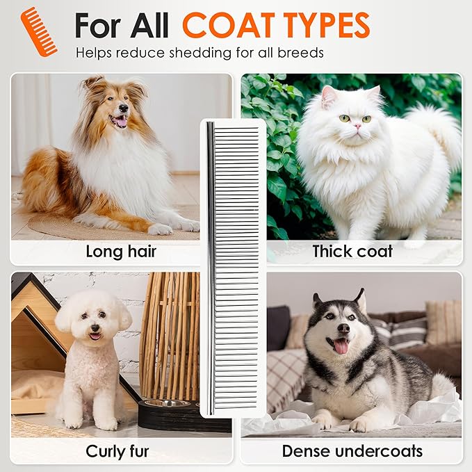 Dog Comb to Remove Tangles and Knots, Cat Comb with Stainless Steel Teeth and Non-Slip Handle, Dog combs for grooming matting for Long Haired Pets (Large)