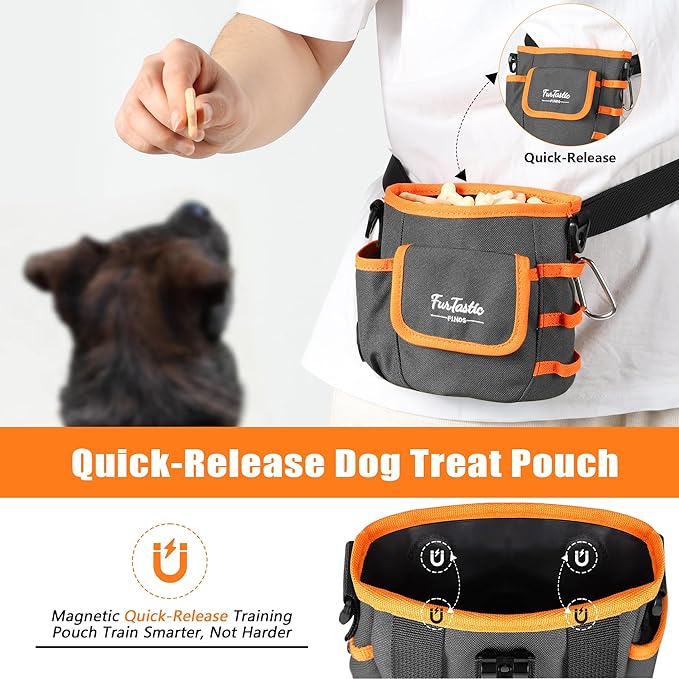 Dog Treat Pouch with Quick-Release Magnetic Closure, 3-Way Wear Treat Bags, 900D Waterproof Fabric, 4 Storage Spaces, Treat Pouch for Pet Training Walking (Grey)