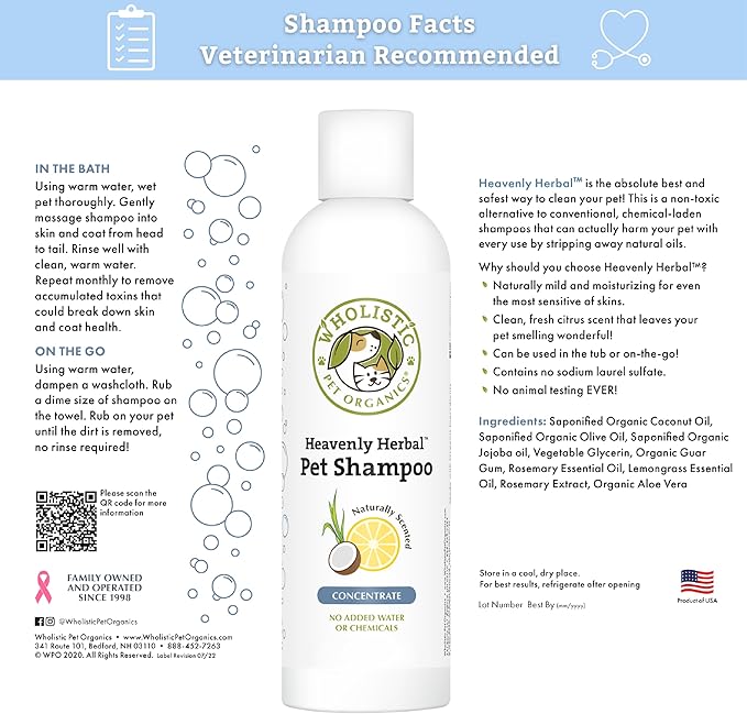 Wholistic Pet Organics Pet Shampoo Concentrate: Heavenly Herbal Organic Dog Shampoo and Conditioner - All Natural Puppy and Cat Shampoo for Dry, Itchy Skin, Allergies, Dandruff