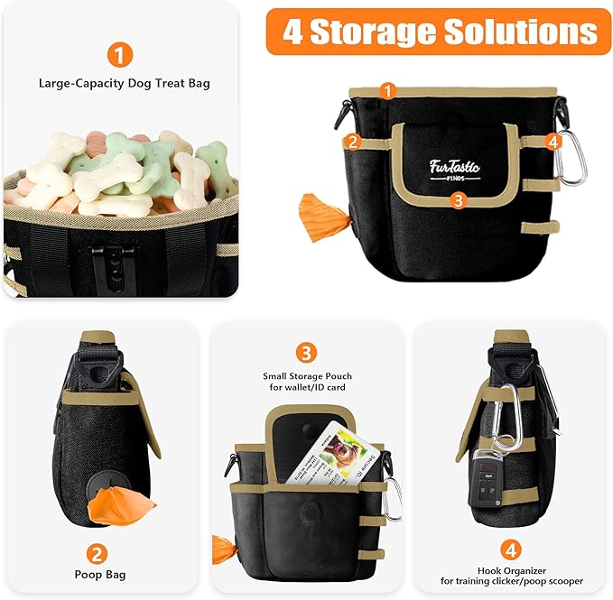 Dog Treat Pouch with Quick-Release Magnetic Closure, 3-Way Wear Treat Bags, 900D Waterproof Fabric, 4 Storage Spaces, Treat Pouch for Pet Training Walking (Black)