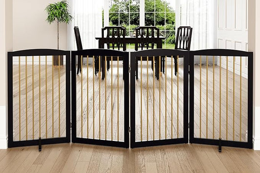 Freestanding Pet Gate for Dogs, Indoor Wooden Dog Gate for House, Foldable Dog Gate for Doorway, Stair, Step Over Pet Puppy Safety Fence Tall, 80 Inch Wide, 4 Panels 32", Black & Gold