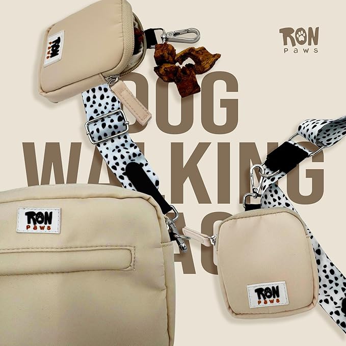 Dog Walking Crossbody with Treat Pouch & Tripod - Hands-Free Storage with Phone Holder, Poop Bag Dispenser, Hook for Used Poop Bags & Training Features (Beige)