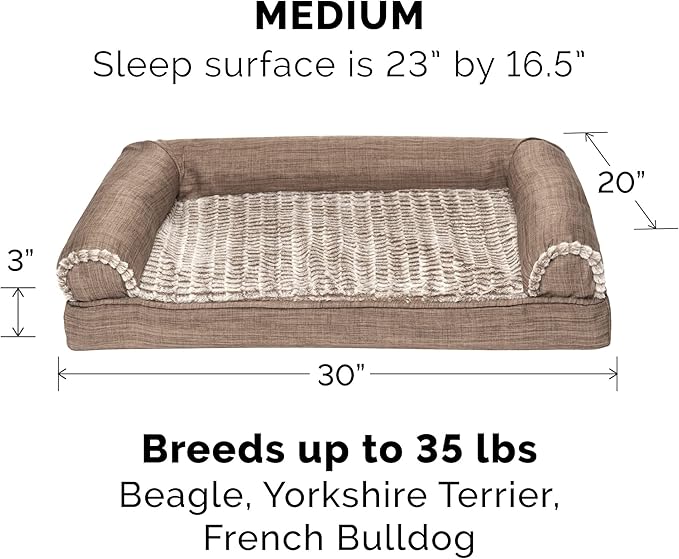 Furhaven Cooling Gel Dog Bed for Medium/Small Dogs w/ Removable Bolsters & Washable Cover, For Dogs Up to 35 lbs - Luxe Faux Fur & Performance Linen Sofa - Woodsmoke, Medium
