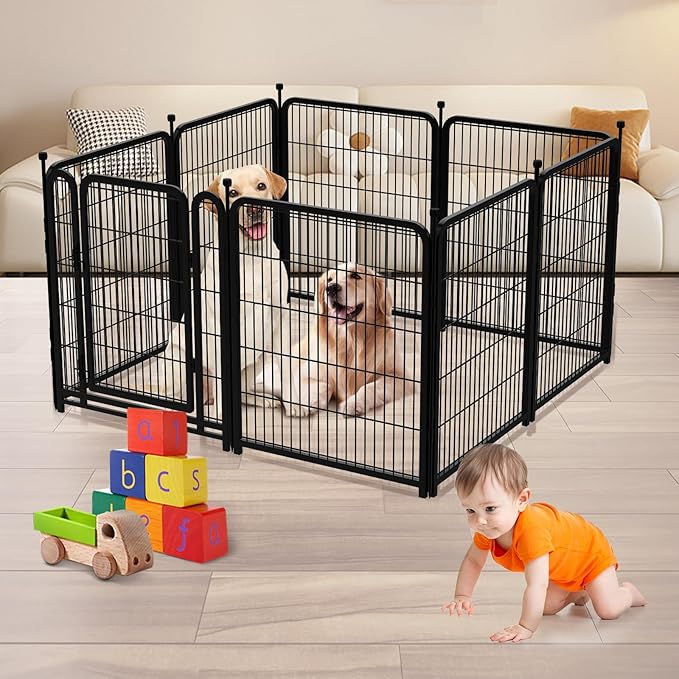 Dog Playpen 48 inch(H) 8 Panels Total 17.7 Ft(L) Dog Fence Outdoor for Yard. Wide Door Low Threshold，Metal Dog Pen Heavy Duty Pet Puppy Exercise Pen for Rv Camping Garden Yard