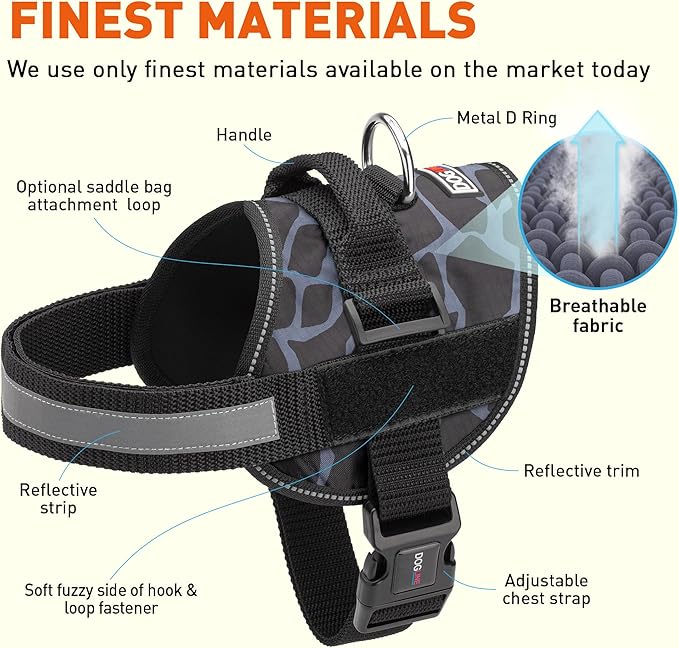 Dogline Dog Harness, Reflective No-Pull Adjustable Vest with Handle for Walking, Training, Breathable, No - Choke Harness for Small, Medium or Large Dogs Room for Patches Girraffe Grey L 27"-34"