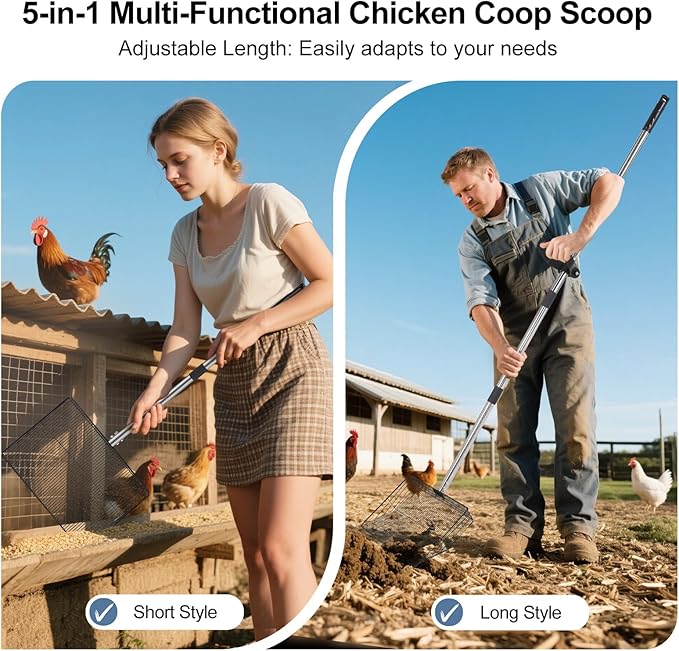 15" Widely Chicken Coop Poop Scooper- Ergonomic Chicken Poop Scooper with 38" to 77" Adjustable Long Handle, Extra-Large Scoop for Sand and Litter, Easy-to-Clean, Multi-Scene Use for Poultry