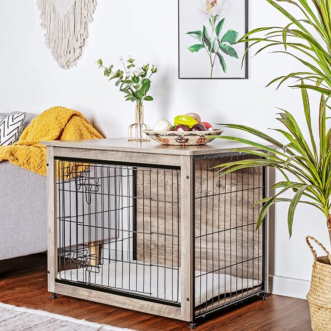 DWANTON Dog Crate Furniture with Cushion, Wooden Kennel Table with Double Doors, Indoor Dog House, Medium Size, 32.5" L, Greige