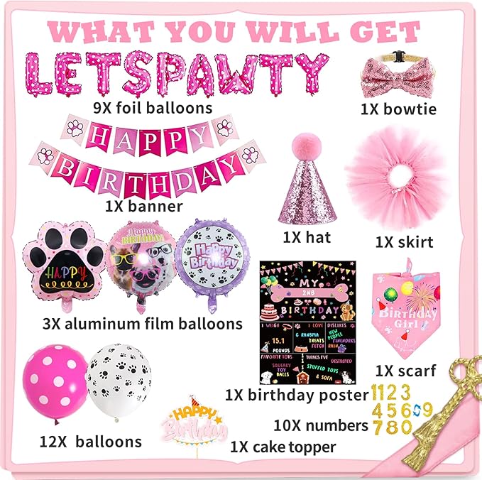 Dog Party Supplies Decorations - Cute Bandana, Let's Pawty Banner, Cake Topper, Hat, Pink Bowtie, Tutu Skirt, Paw Balloon for Birthday Celebration