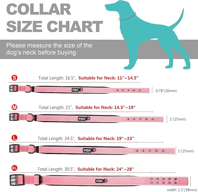Fida Heavy Duty Dog Collar, Ultra Comfortable Soft Neoprene Padded, Adjustable Reflective Nylon Pet Collar with Durable Metal Belt Buckle for Medium Breeds (M, Pink)