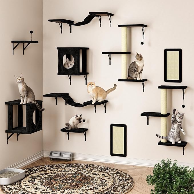 NUNU LAB Cat Wall Shelves, 10-in-1 Wall-Mounted Cat Furniture Set, Large Cat Climber Set with House, Bridge, Steps, Scratcher, DIY Playground, Shelves for Indoor Wall Furniture Set - Black