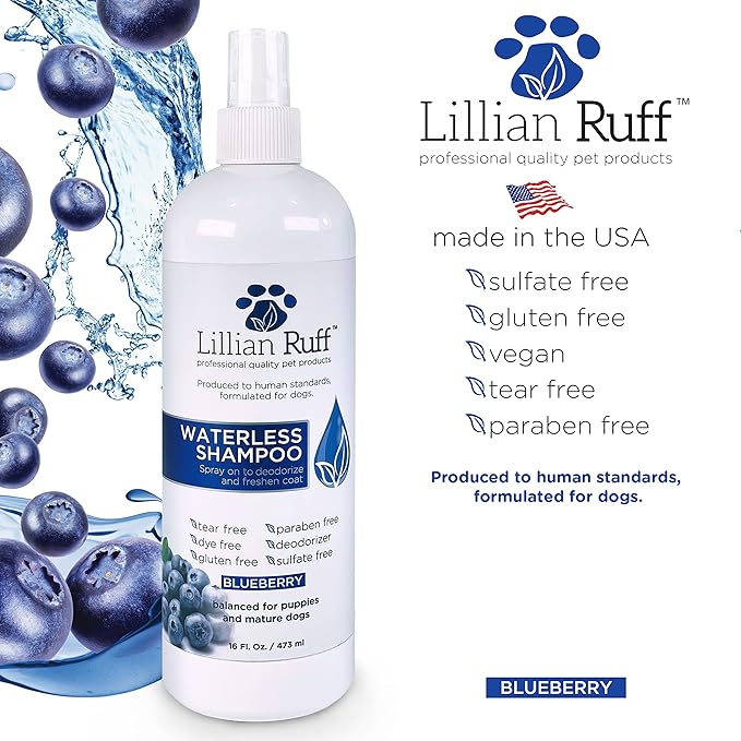 Lillian Ruff PRO Formula Berry Blue Brightening Dog Shampoo + Blueberry Waterless Dog Shampoo - Professional Whitening, Tear Stain Remover & No-Rinse Hydrating Odor Control, Aloe+Coconut Oil, USA Made