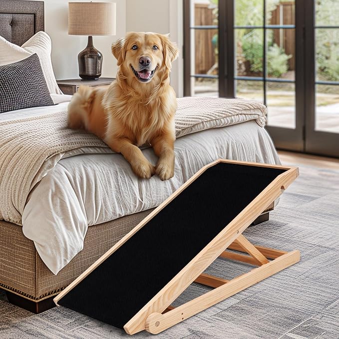 Dog Ramp, Adjustable Height Wooden Folding Pet Ramp for Bed, Couch,SUV-High Traction, Portable Paw Ramps for Small & Large Old Dogs & Cats - Furniture Quality