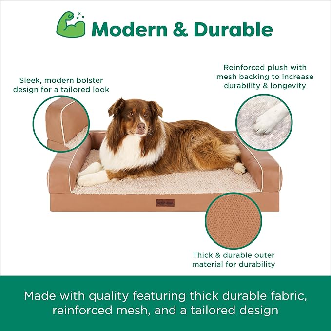 FurHaven Orthopedic Dog Sofa Bed – Memory Foam Couch with Bolsters, Textured Plush & Water-Resistant Cover, Washable Cover, Joint Support - Camel, Jumbo Plus