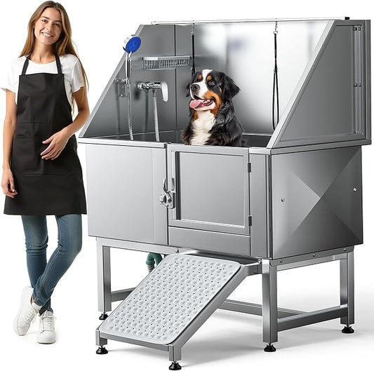 DWVO Professional Pet Dog Bathing Station for Grooming, 50'' Dog Grooming Bathtub with Right Ramp, Floor Grate, Faucet, Showerhead & Soap Holder for Large, Medium & Small Pets