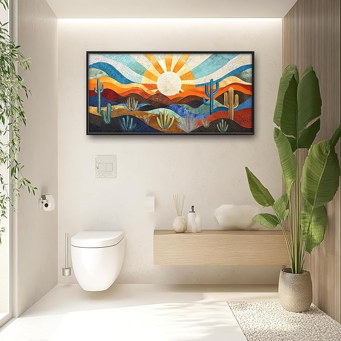 Extra Large Framed Abstract Boho Desert Wall Art, Sun Cactus Landscape Wall Decor Pictures for Living Room,Cacti Canvas Print Painting Modern Artwork Bedroom Office Bathroom Home Decor 60L x 30W