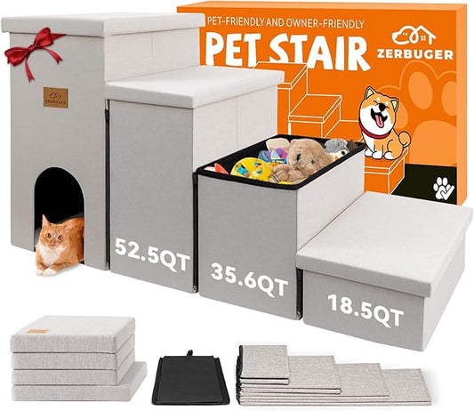 Dog Stairs with Condo 23" H, 4-Step Wider Folding Storage Pet Stairs Gift for Small/Medium/Large Old Dogs Cats, Dog Steps for High Beds Window, Ramp for Climbing Car Up to 200 lbs, Beige