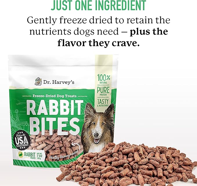 Dr. Harvey's Rabbit Bites Freeze-Dried Raw Dog Treats - Single Ingredient, All-Natural Rabbit Meat Protein for Dogs, Allergen-Free - 7 Ounces (3 Pack)