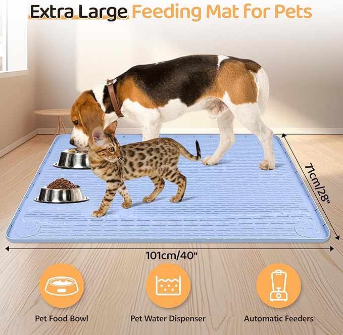 Dog Food Mat, Extra Large 40" x 28" Silicone Pet Feeding Mat with Raised Edge Pet Placemat for Small, Medium, and Large Pets Non-Slip, Easy to Clean (Blue)