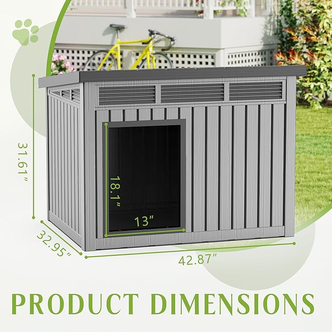 Dog House Indoor Outdoor,Resin Waterproof Puppy Shelter with Air Vents and Elevated Floor,Air Rod on Top to Open,Dog Kennel for Small to Large Dogs(Grey,42.87 * 32.95 * 31.61)