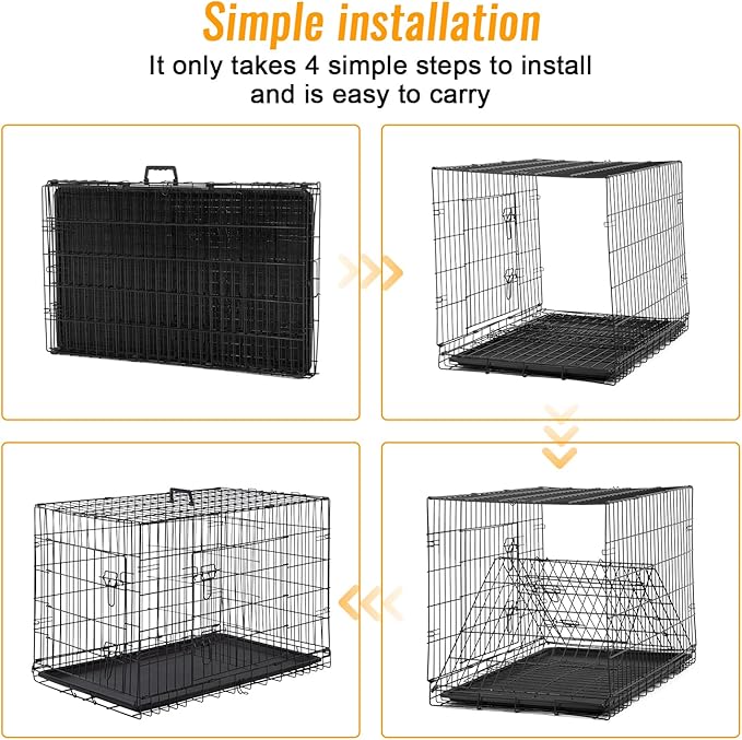 FDW Dog Crate for Medium Dogs 30 Inch Folding Metal WirePet Cage Double Door W/Divider Panel Indoor Outdoor Kennel Leak-Proof Plastic Tray,Black