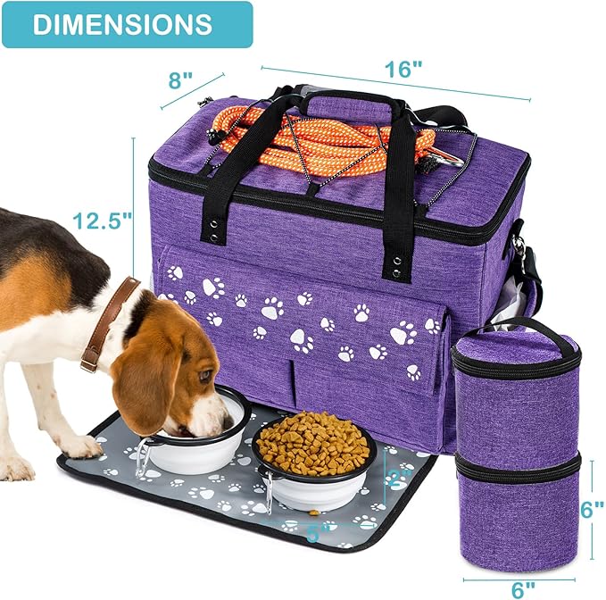 Dog Travel Bag, Airline Approved Dogs Bags for Traveling, 2 Dog 's Food Travel Container and Collapsible Bowls, Weekend Pet Travel Bags (X-Large)