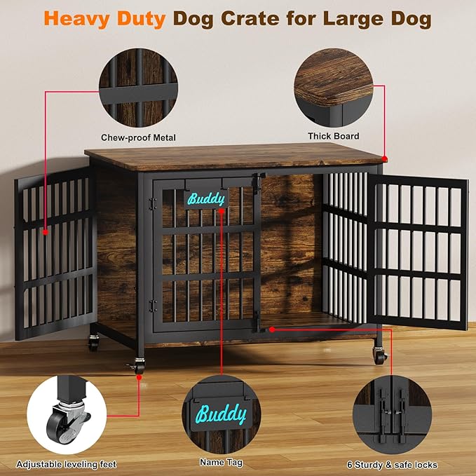 EasyCom 42"/41"/33" Dog Crate Furniture with Name Tag, XL Heavy Duty Dog Kennel Indoor for Large and Medium Dogs, Double-Doors Sturdy Dog Cage for Anxiety Dog, Decorate House as TV Stand