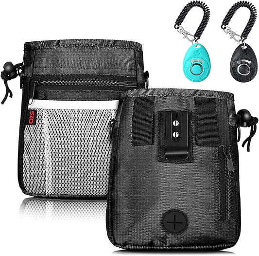Dog Treat Pouch - 3 Ways to Wear Treat Pouches for Pet Training and 2 Pieces Clicker Taining for Dogs, Dog Training Treat Pouch Bag and Dog Clicker for Training with Waist Belt Shoulder Strap - Black