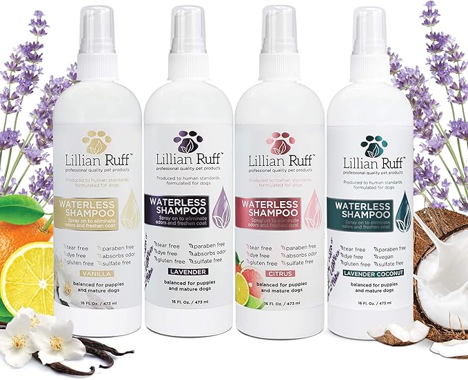 Lillian Ruff Waterless No-Rinse Dog Dry Shampoo Spray with Hydrating Essential Oils - pH-Balanced Dry Shampoo for Dogs - Clean, Condition, Detangle & Deodorize Dry, Sensitive Skin (Gallon)