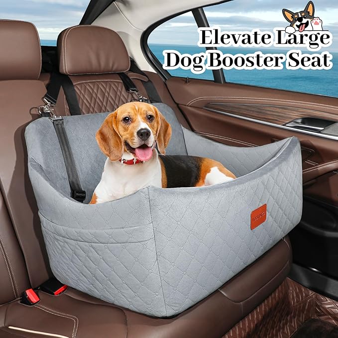 Dog Car Seat for Medium & Large Dogs Up to 55lbs, Memory Foam Cushion, Washable Cover, Safety Straps & Non-Slip Base(Grey,Large)