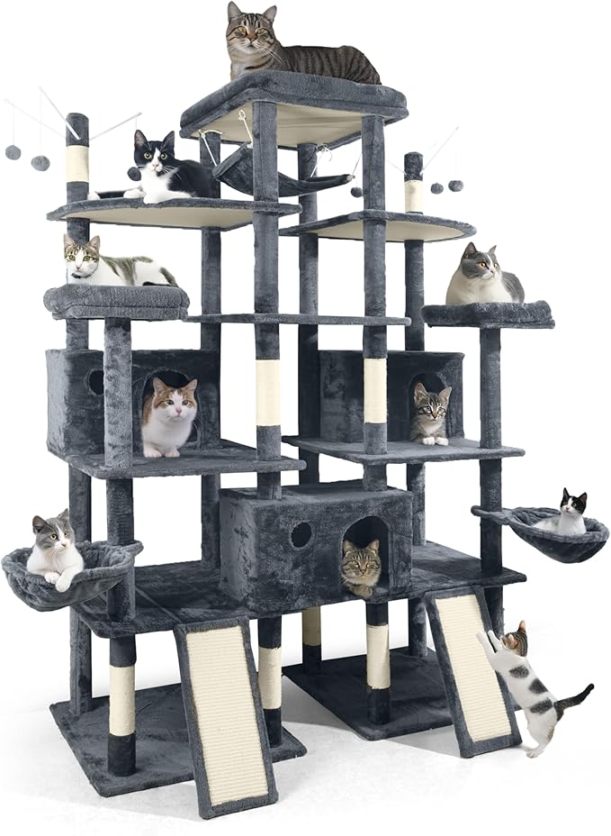 Extra Large 80-Inch Tall Cat Tree w/Widened Perch for Large Cats, Big Cat Tower Indoor, Modern Multi-Level Activity Tower with Scratching Posts, Condos, Baskets, Hammock, Scratching Ramps