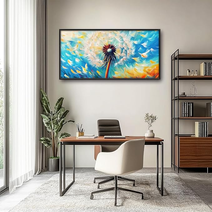 Extra Large Abstract Dandelion Framed Wall Art for Living Room,Oversized Colorful Dandelion Flower Pictures Wall Decor,Blue Canvas Print Painting Modern Artwork Bedroom Office Bathroom 60L" x 30W"