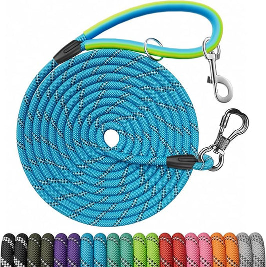 Long Dog Leash for Dog Training 10FT/15FT/20FT/30FT/40FT/50FT/100FT Reflective Leash with 2 Hooks, Heavy Duty Dog Lead for Large Medium Small Dogs Outside Walking Camping Yard, Blue 30FT
