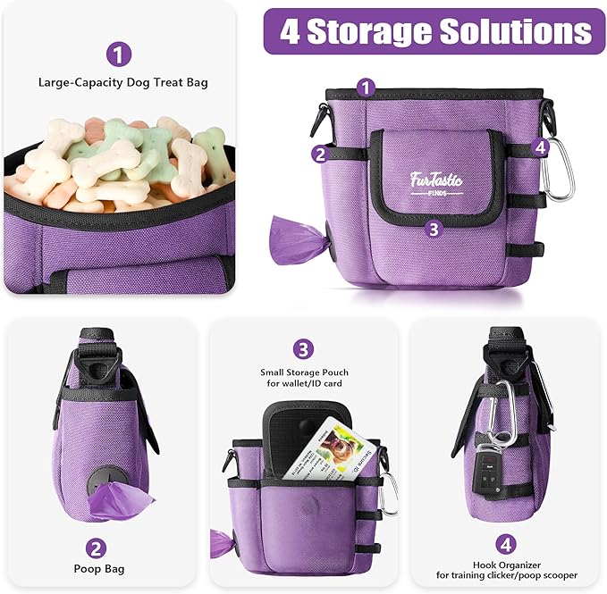 Dog Treat Pouch with Quick-Release Magnetic Closure, 3-Way Wear Treat Bags, 900D Waterproof Fabric, 4 Storage Spaces, Treat Pouch for Pet Training Walking (Purple)