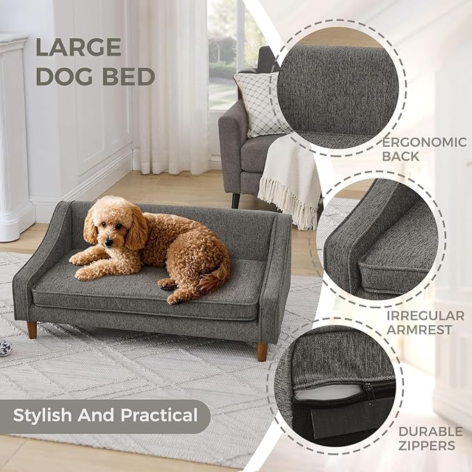 Dog Sofa Couch for Medium to Large Dogs, Durable Pet Sofa with Washable Fabric, Elevated Mini Dog Bed with Wooden Legs for Medium and Large Dogs, Dark Grey