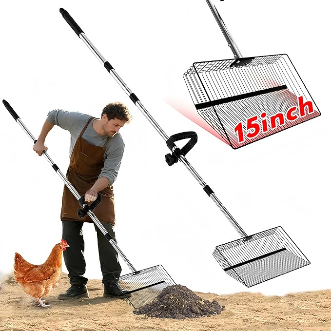 15inch Large Chicken Poop Scooper, 2 Slot Widths (0.16"&0.28"), 39" to 76" Adjustable Stainless Steel Handle, Sifting Litter Shovel for Chicken Coop/Stables/Farm Cleaning(with Effortless Grip)