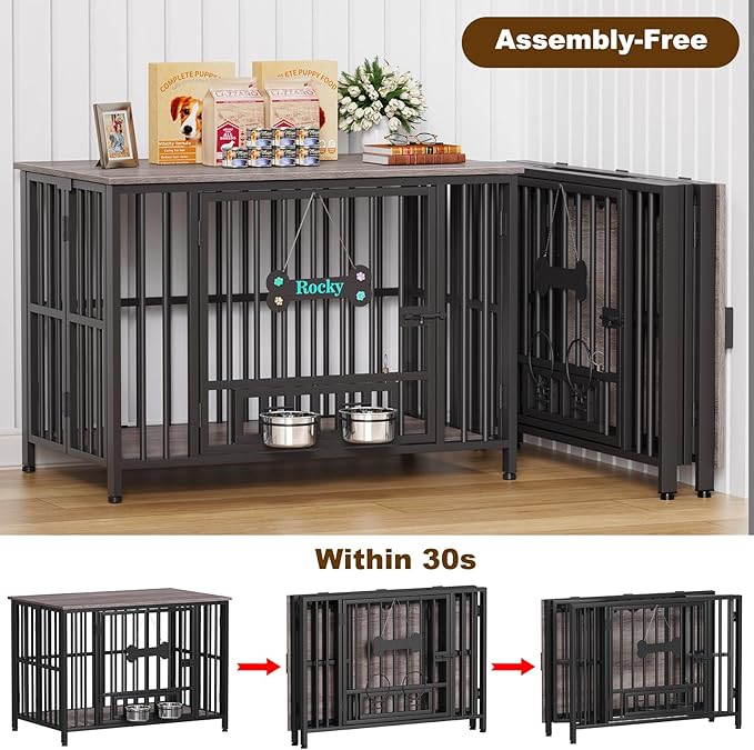 Easycom 41" Dog Crate Furniture Foldable, No Assembly Decorative Dog Kennel Indoor, Dog Crates for Large Dogs (40-65 lbs), Wooden Dog Cage with Adjustable Bowls and Name Tag, End Table, Oak Grey