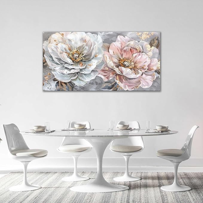 Extra Large Flower Wall Art Pink and White Floral Canvas Living Room Golden Pictures Framed Prints Oversize Wall Decor Big Painting Artwork for Bedroom Dining Office Home 60"x30"