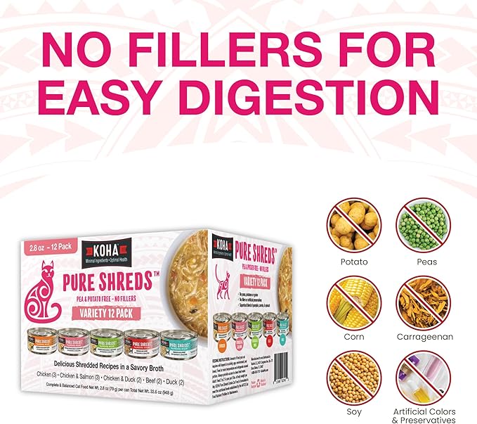 KOHA Pure Shreds Cat Variety Pack, High Protein Wet Cat Food - 5 Flavors - Beef, Duck, Chicken & Duck and Chicken & Salmon Food for Cats - 2.8 oz Cans, Pack of 12