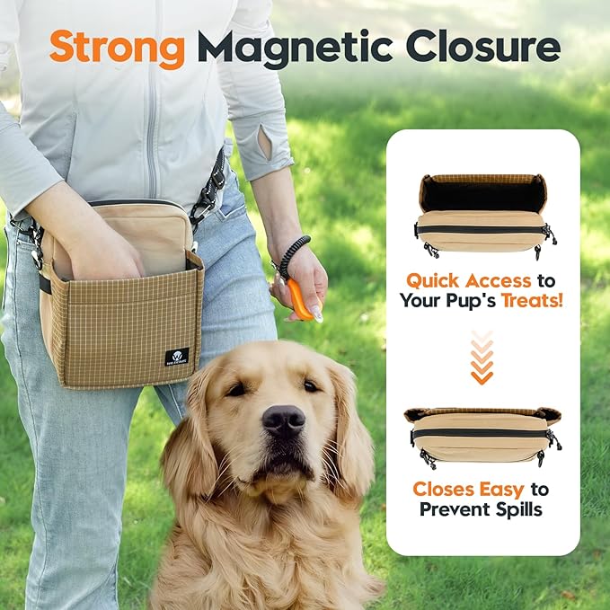 Dog Treat Pouch – Large Capacity with Magnetic Closure, Dog Walking Fanny Pack Built-in Poop Bag Dispenser, Clicker & Collapsible Bowl for Training & Walking - Khaki