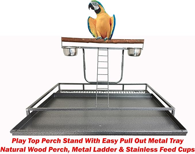 Extra Large Elegant and Durable Wrought Iron Climbing Ladder Perch Stand Play Top Ground Bird Parrot Metal Cage Around Seed Guard Storage Shelf with Heavy Duty Lockable Rolling Wheels