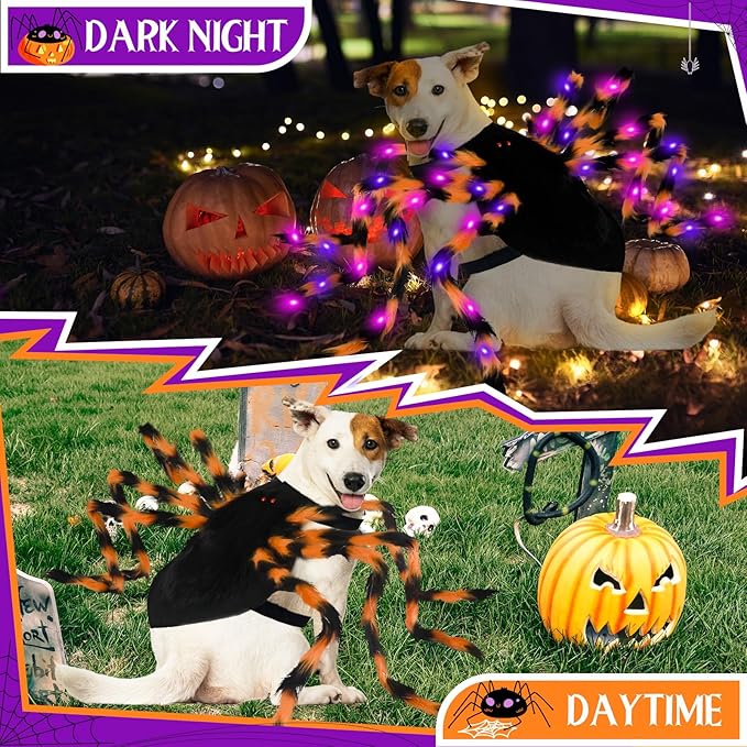 Dog Halloween Costumes, Furry Dog Spider Costume with 64 LED, Giant Spider Halloween Costume for Medium Large Dogs, Funny Costumes for Cat Pet Halloween Party Cosplay (Orange)