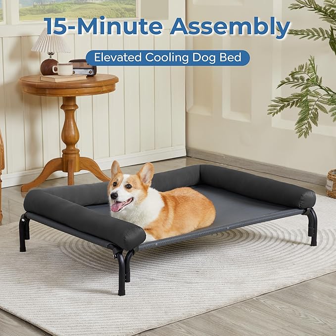 Easy Assemble Elevated Dog Bed - Cooling Outdoor Cot with Bolster, Washable Raised Bed with Durable Breathable Teslin Mesh, Non-Slip Feet - Deep Grey, M