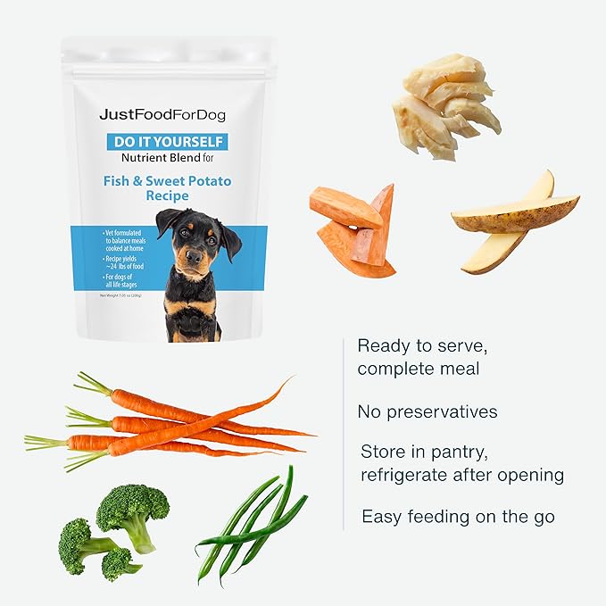 JustFoodForDogs DIY Nutrient Blend for Homemade Dog Food, Fish & Sweet Potato Recipe, 5.92oz