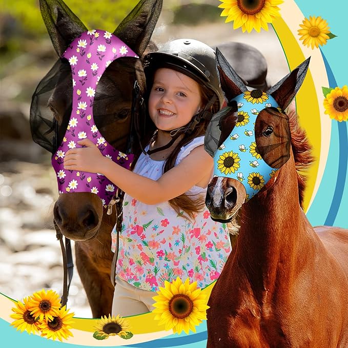 Frienda 4 Pieces Horse Fly Masks with Ears Face Covering UV Protection from Insect Pests Elasticity Smooth Comfortable Mesh Horse Mask Accessories(Flower,Medium)