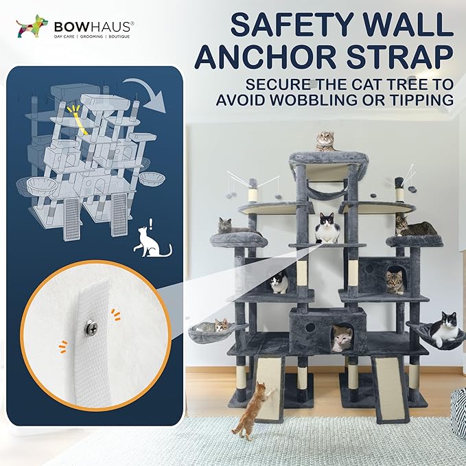 Extra Large 80-Inch Tall Cat Tree w/Widened Perch for Large Cats, Big Cat Tower Indoor, Modern Multi-Level Activity Tower with Scratching Posts, Condos, Baskets, Hammock, Scratching Ramps