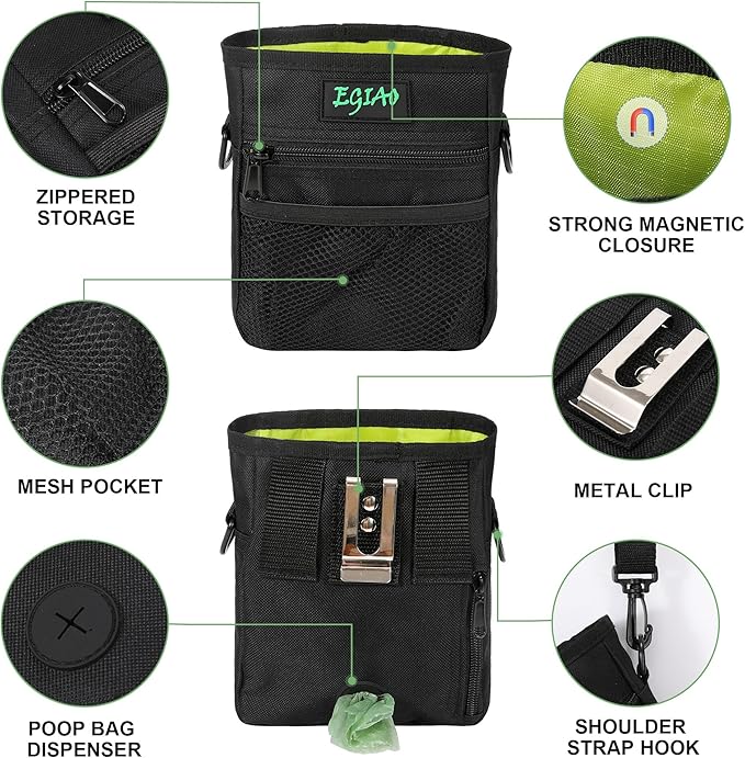 Dog Treat Pouch with Collapsible Dog Bowl, Training Clicker and Poop Bags, Treat Pouches for Pet Training, Built-in Poop Bag Dispenser, Waist Belt Clip, Puppy Treat Pouch Magnetic Closure - Black